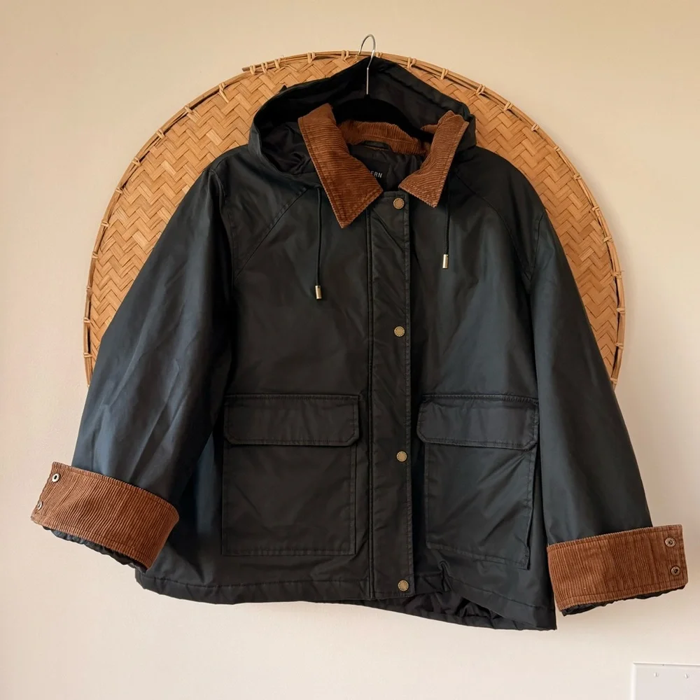MODERN SUPPLY BY SANCTUARY HOODED WAXED JACKET BARN CHORE COAT CORDUROY‎ COLLAR - Picture 11 of 16